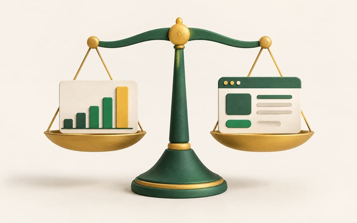 Ilustração editorial de balança comparando um gráfico de probabilidades e a tela de um site, representando Polymarket versus casa de apostas.