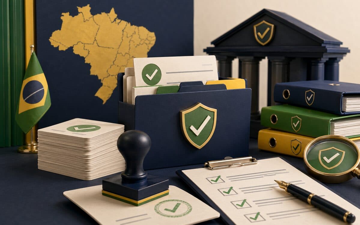 Ilustração editorial de documentos regulatórios, escudo de verificação e mapa do Brasil.