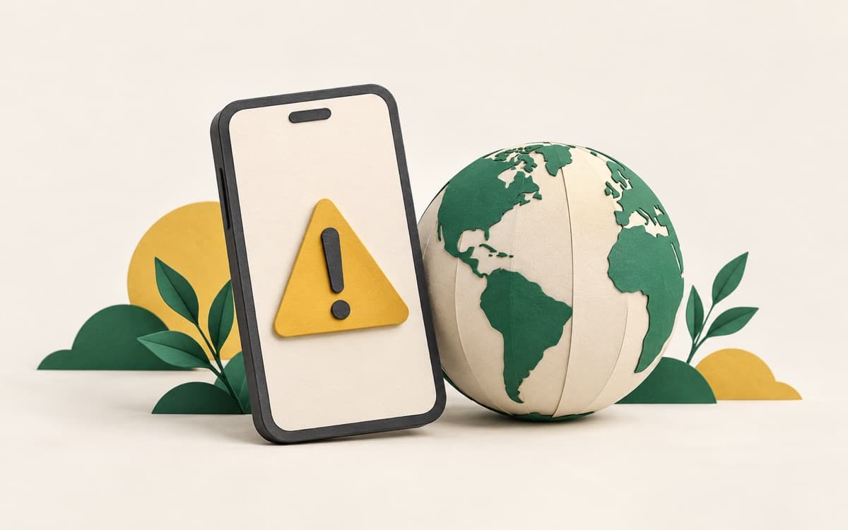 Ilustração editorial de celular com alerta de risco representando sites de apostas estrangeiros.