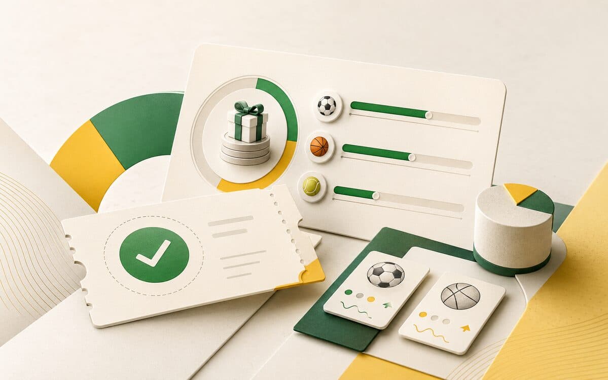 Ilustração de uma calculadora de surebet ao lado de odds de duas casas de apostas diferentes mostrando lucro garantido