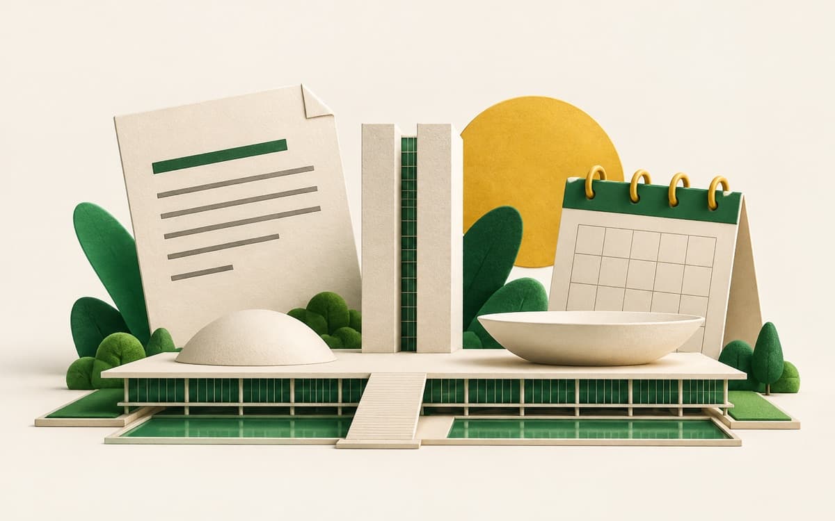 Ilustração editorial de documentos regulatórios e do Congresso Nacional representando a tramitação da MP das bets.