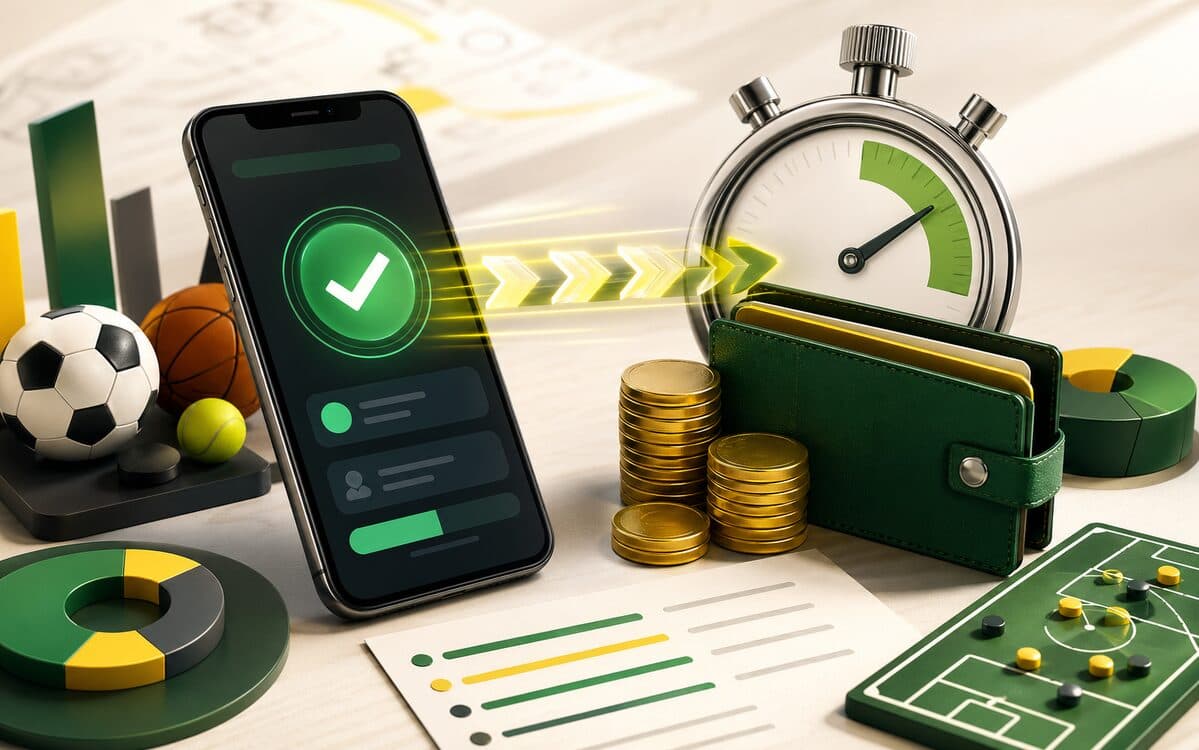 Ilustração editorial de celular, cronômetro e moedas representando saques rápidos via Pix.